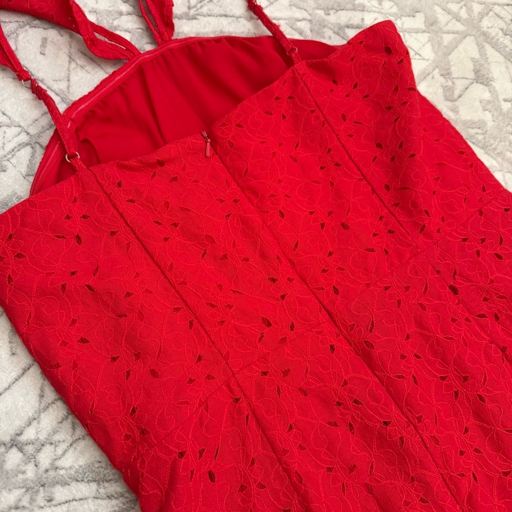 Anthropologie J.O.A Eyelet Drop Waist Dress Red Halter Peplum Ruffle Hem Size L - Picture 8 of 10